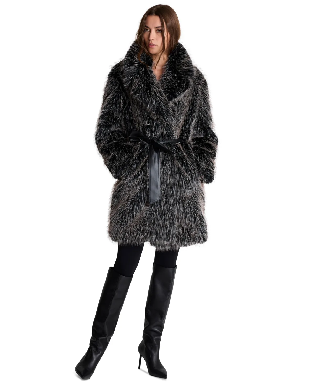 Contrast Belt Faux Fur Jacket by Kenneth Cole