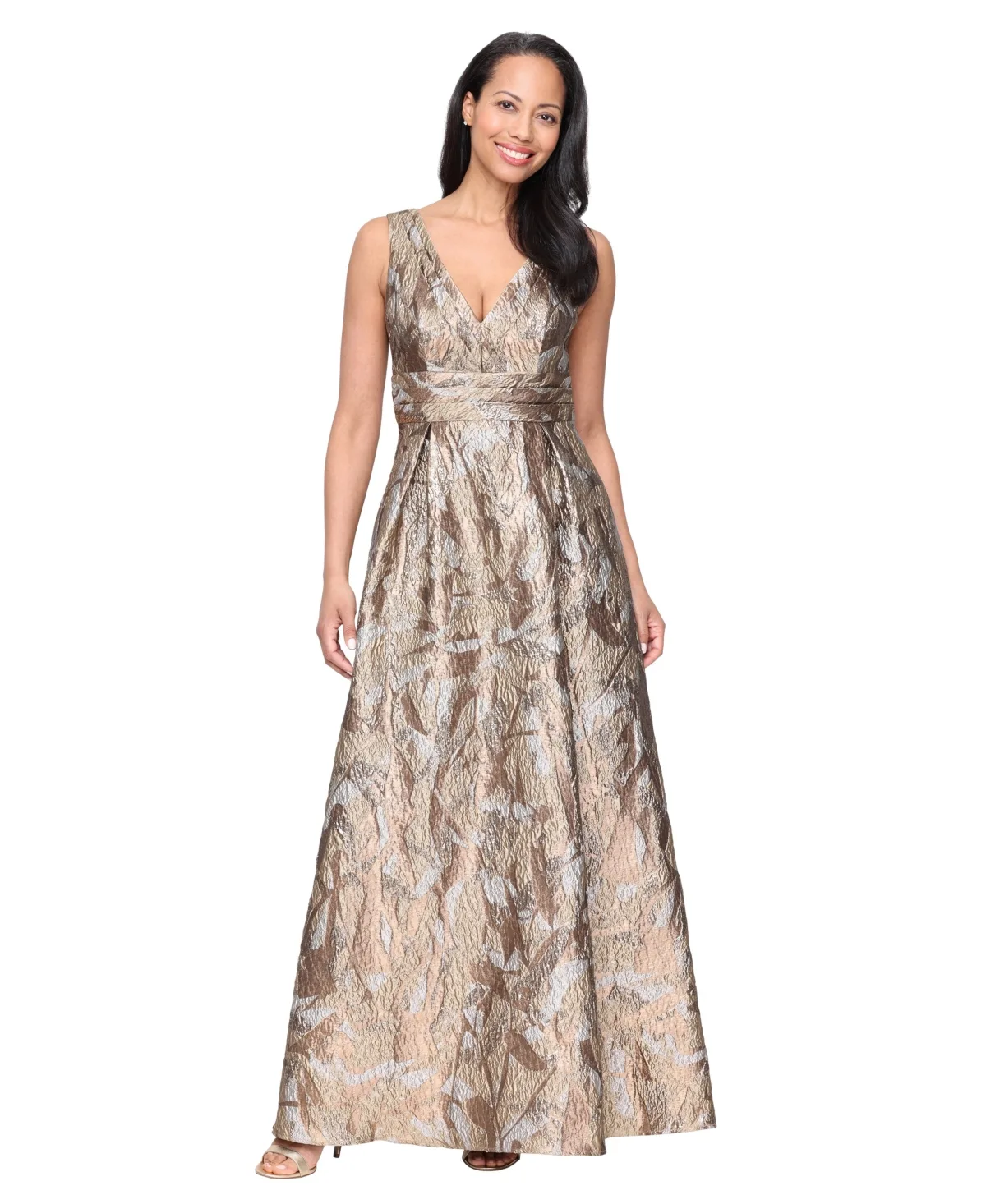 Sleeveless Metallic Jacquard A-Line Gown by Alex Evenings