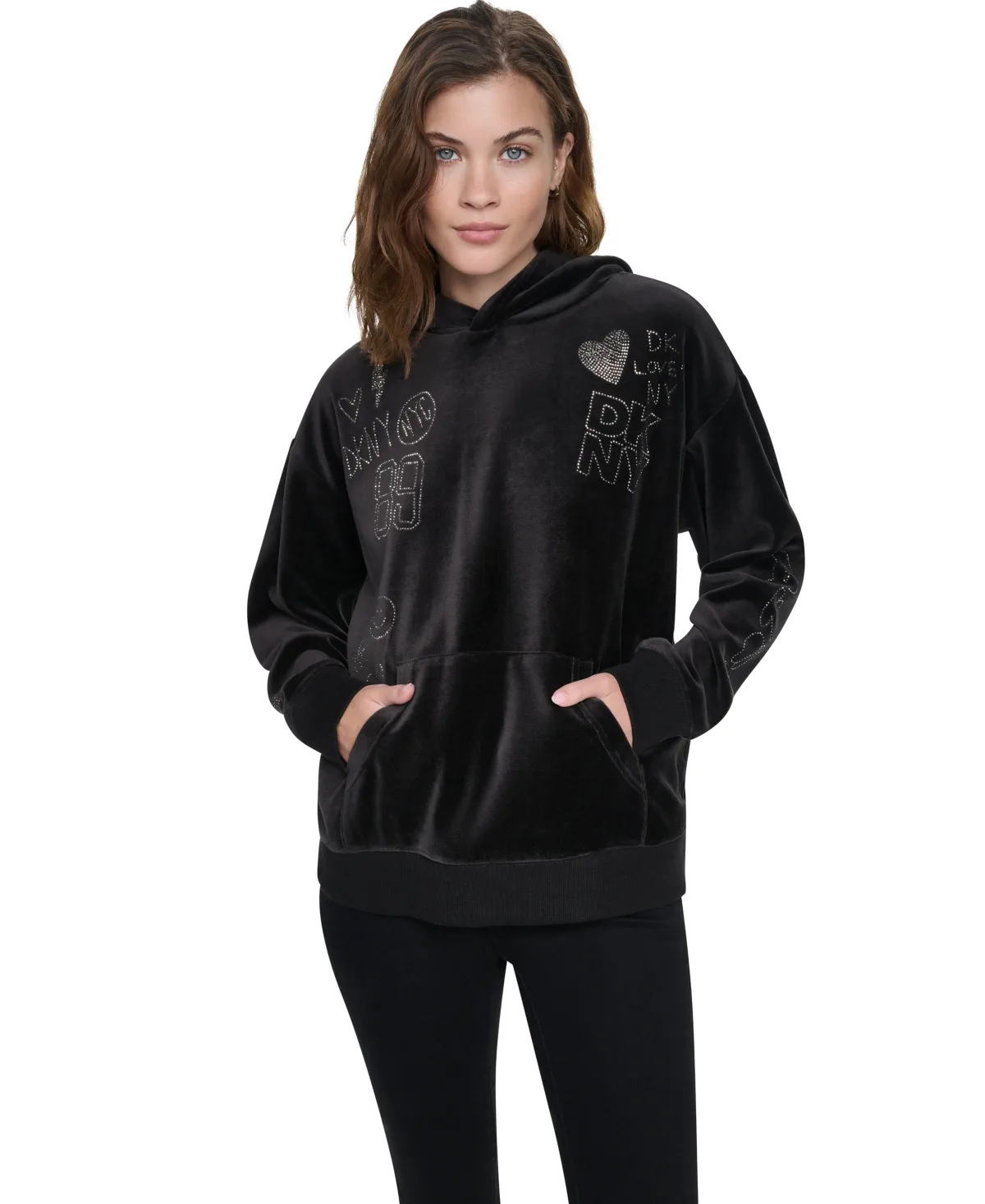 Jeans GDJ6 Hooded Rhinestone Graphic Long-Sleeve Pullover Sweatshirt by DKNY