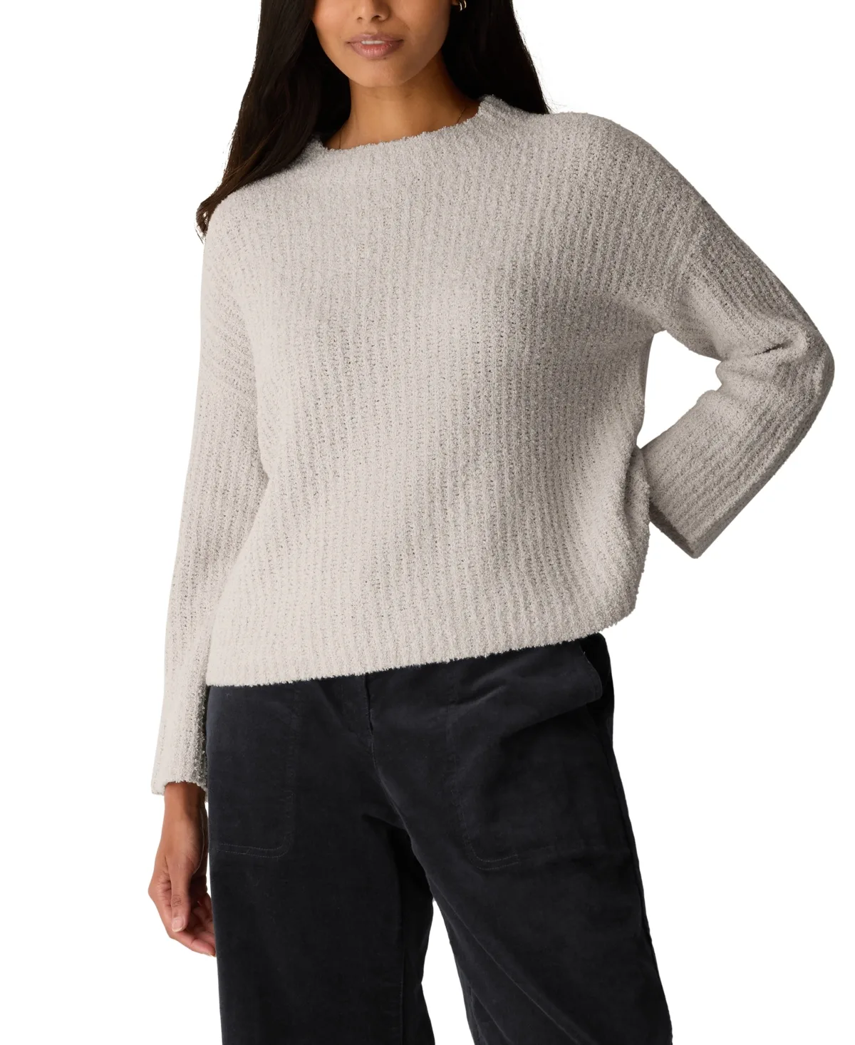 Cotton-Blend Fluff Funnel Neck Bracelet Sleeve Pullover Sweater