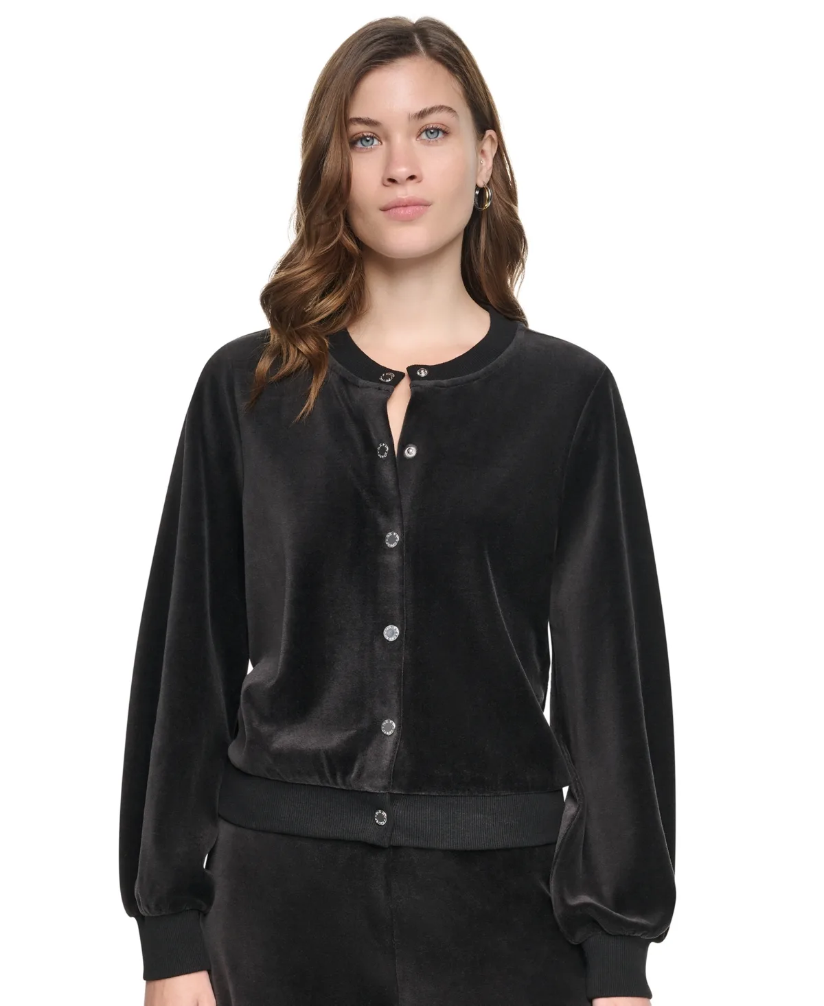 Jeans Velvet Snap-Front Crewneck Cardigan Sweater by DKNY