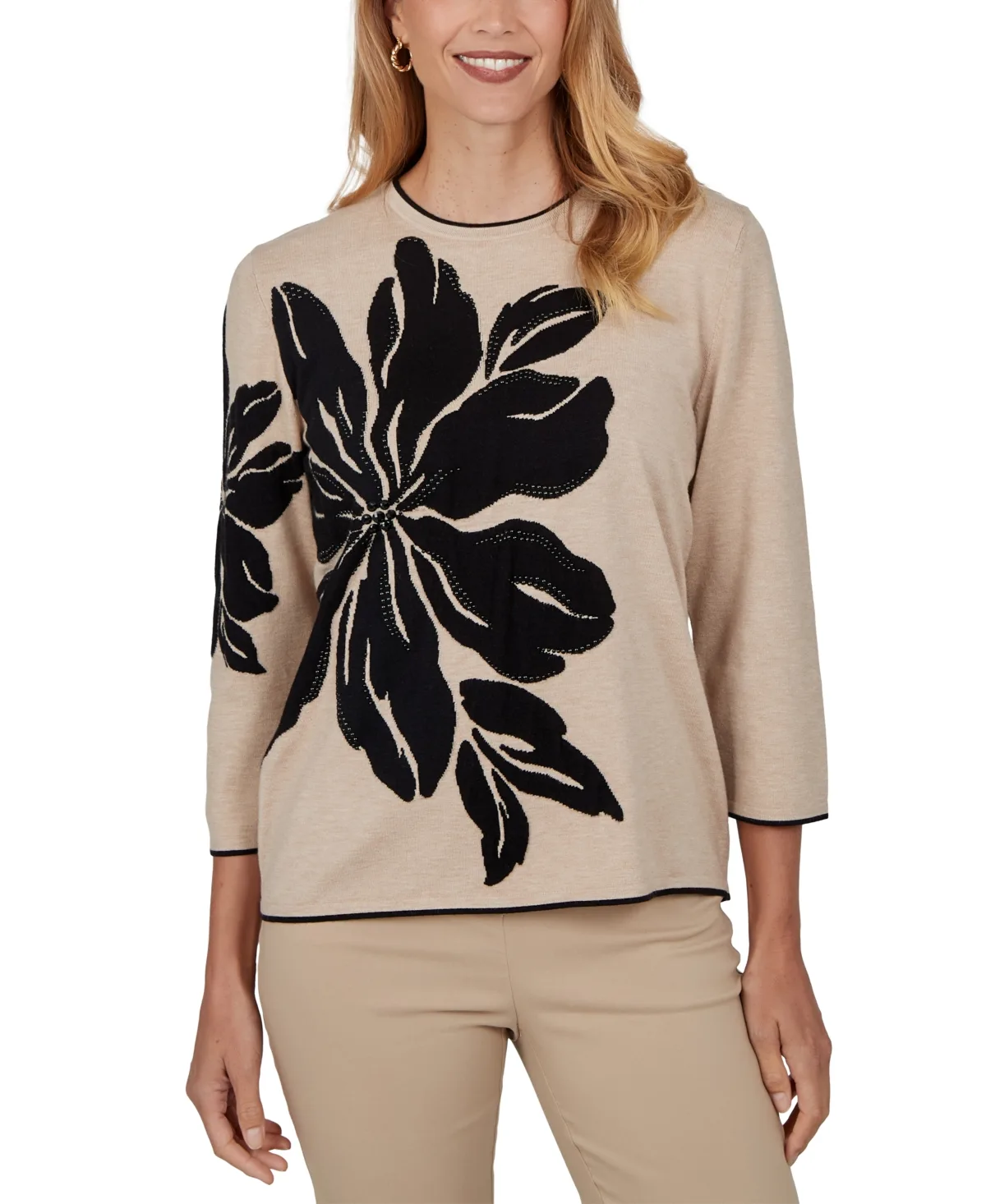 Intarsia-Knit Floral Crewneck 3/4-Sleeve Pullover Sweater by Alfred Dunner