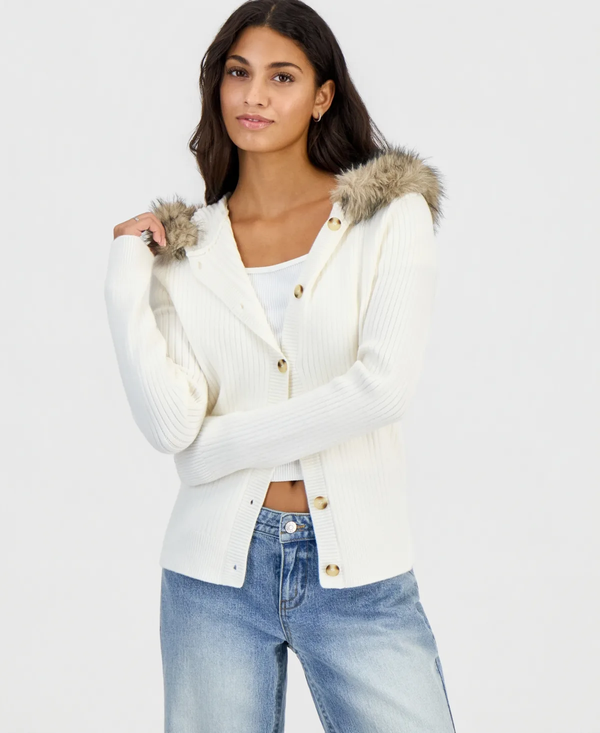 Hooded Faux Fur Ribbed Cardigan by Hippie Rose