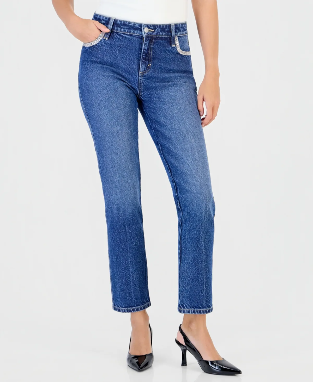 High-Rise Straight-Leg Embroidered-Pocket Jeans by INC International Concepts