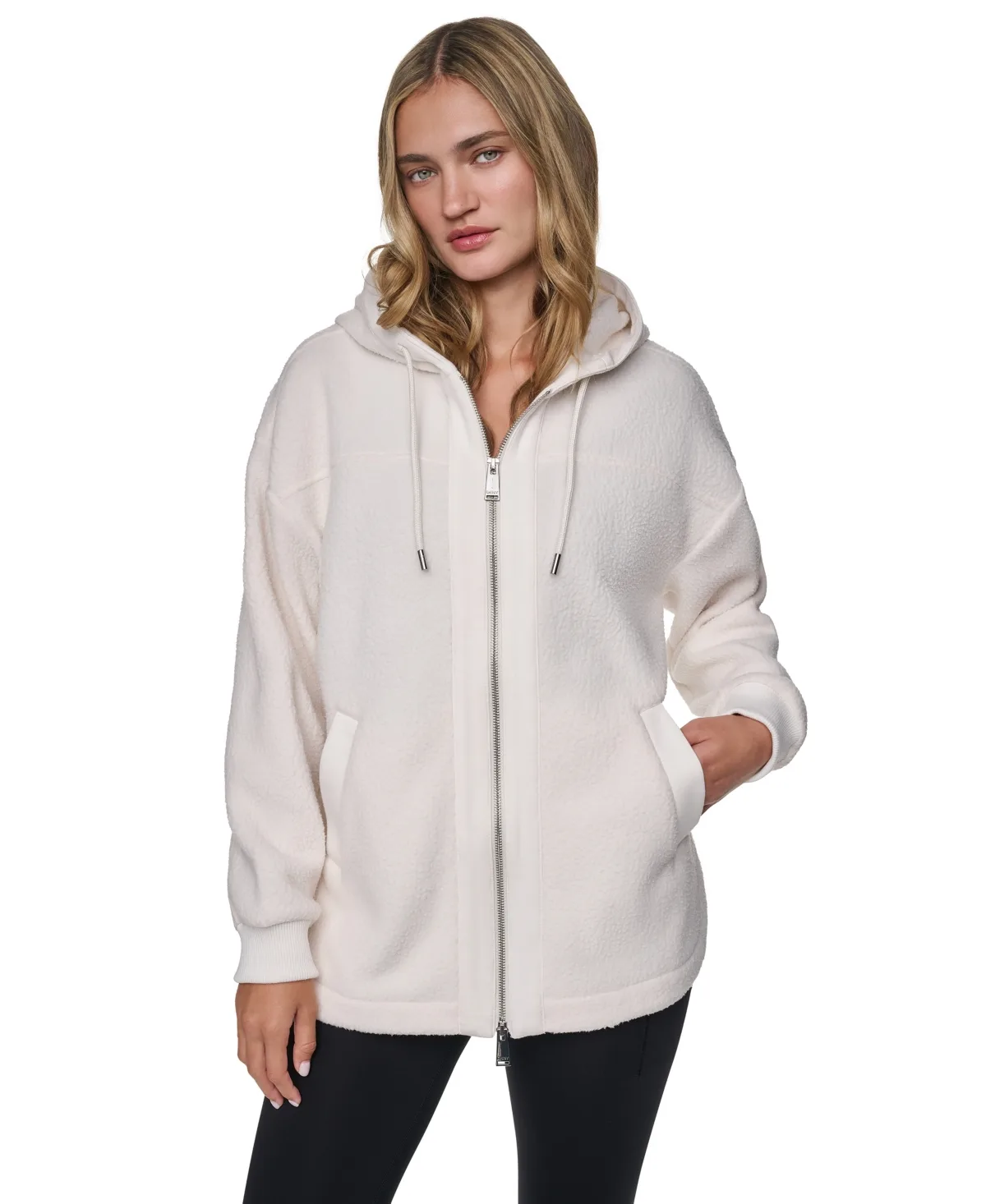 Placid Sherpa Hooded High-Low Curved-Hem Jacket