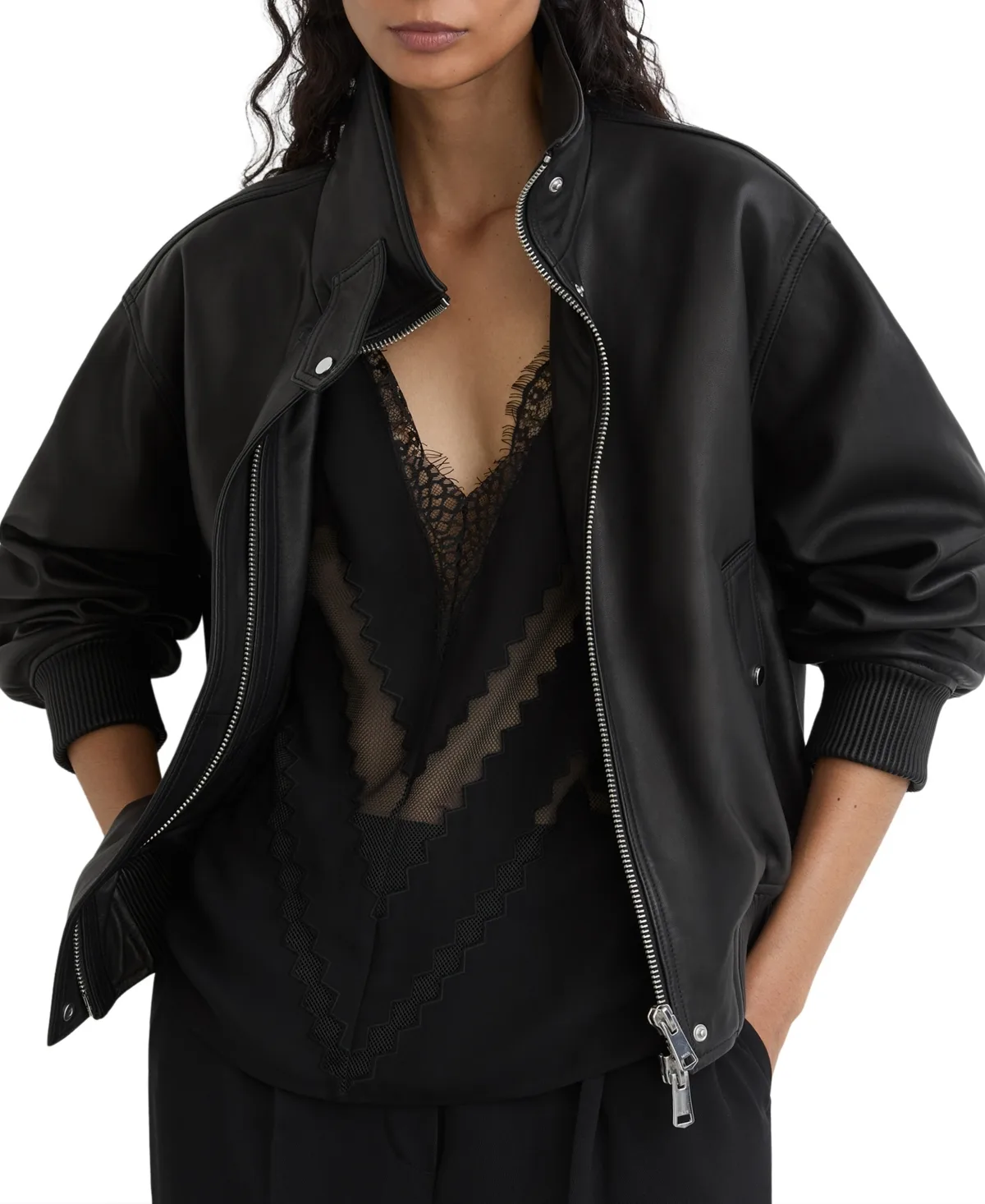 Cara Leather Funnel-Neck Oversized Bomber Jacket