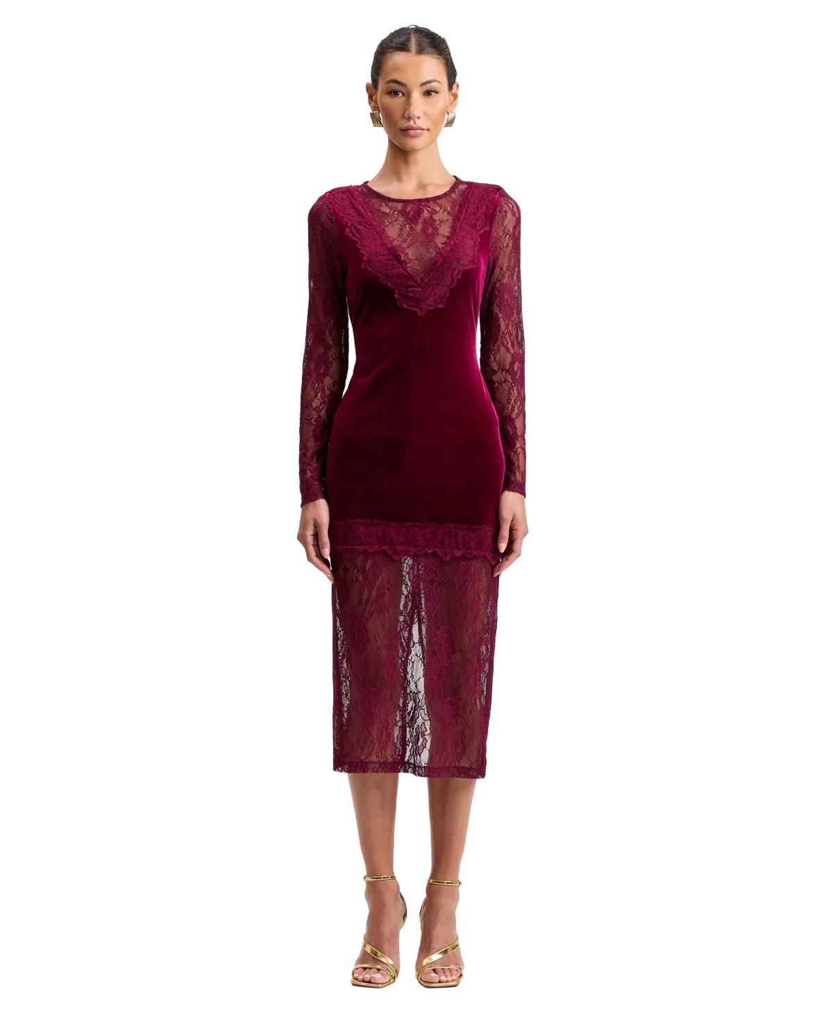 V-Neck Long-Sleeve Midi Velvet and Lace Dress by Avec Les Filles