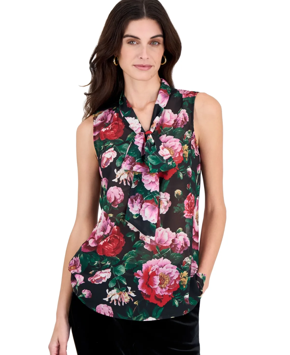 Tie-Front Floral-Print Sleeveless Blouse by Tahari