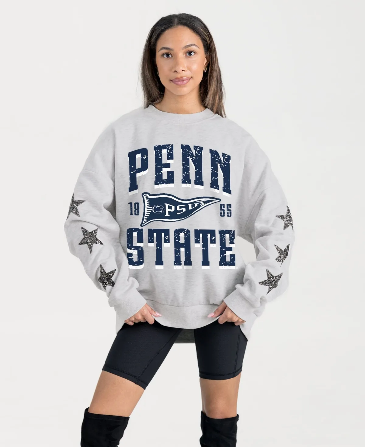 Penn State Nittany Lions Oversized Pennant Pride Rhinestone Star Sleeve Sweatshirt