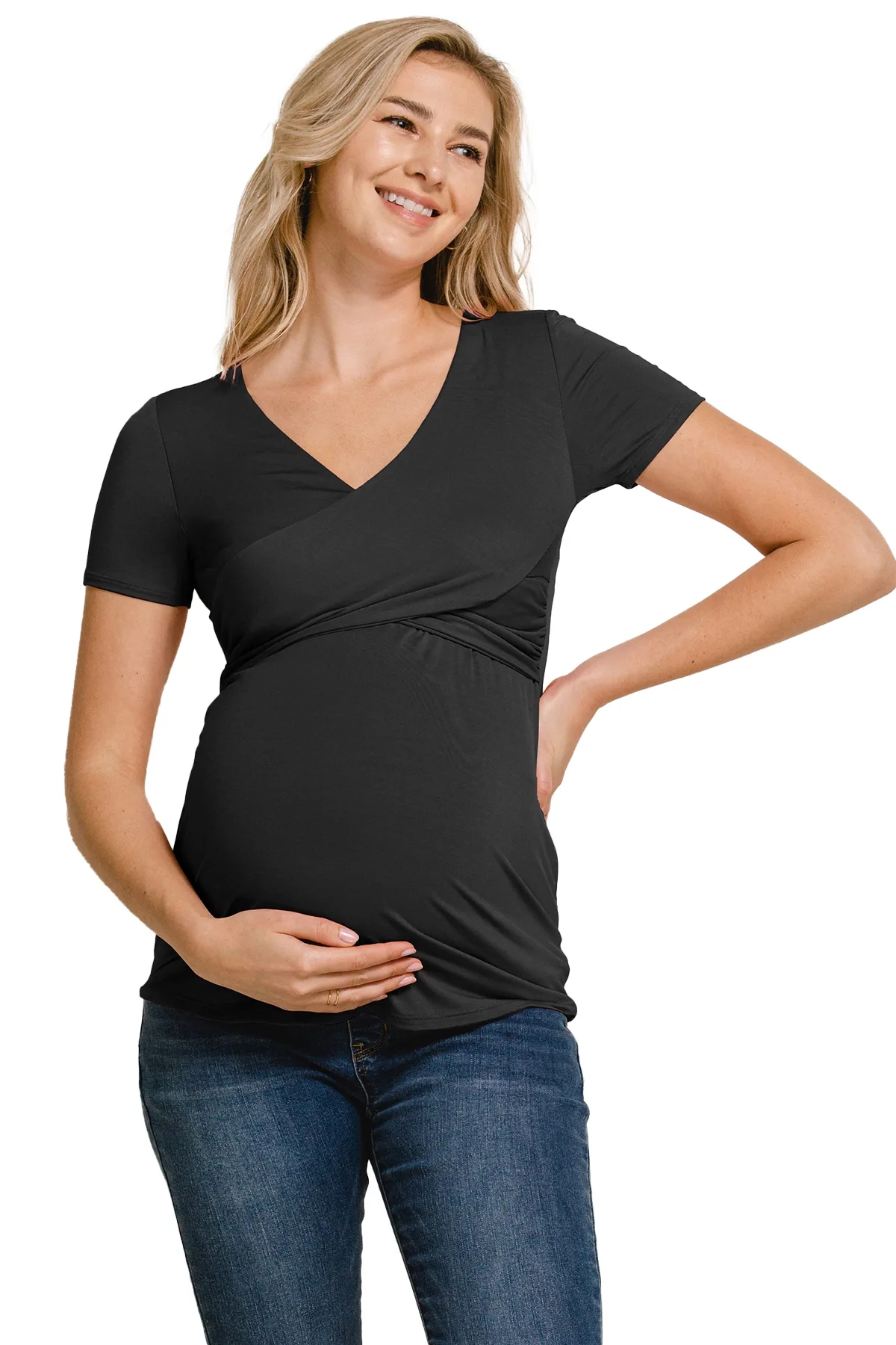 Maternity Short Sleeve Crossover V Neck Wrap Nursing Top by Hello Miz