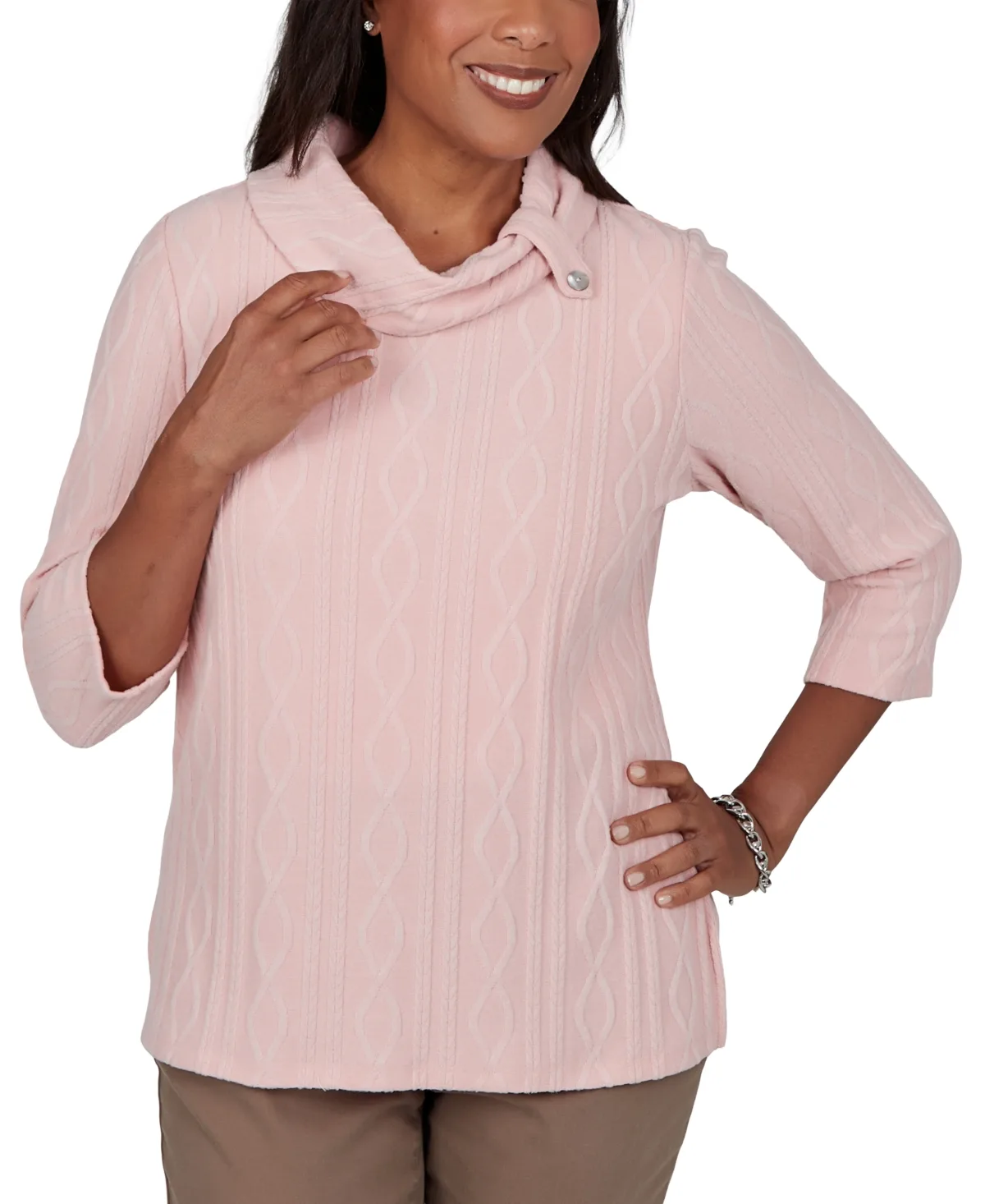 Cable-Knit Cowl Neck 3/4-Sleeve Pullover Top by Alfred Dunner