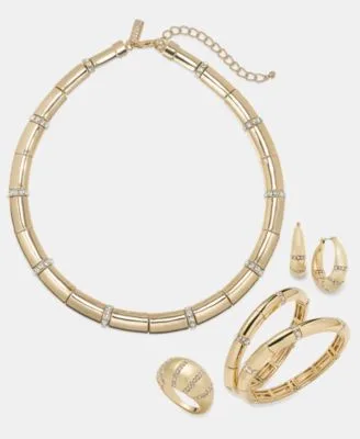 Pave Stripe Collar Necklace Hoop Earrings Stretch Bracelets Statement Ring by INC International Concepts