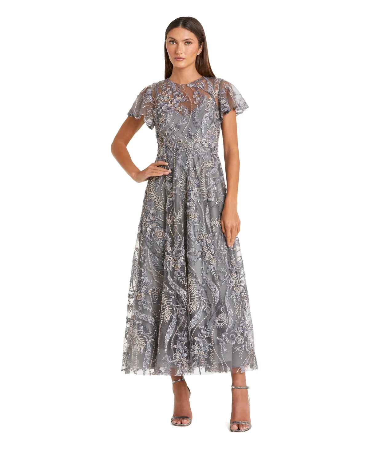 Mac Duggal Floral Embroidered Flutter Sleeve Ankle Dress