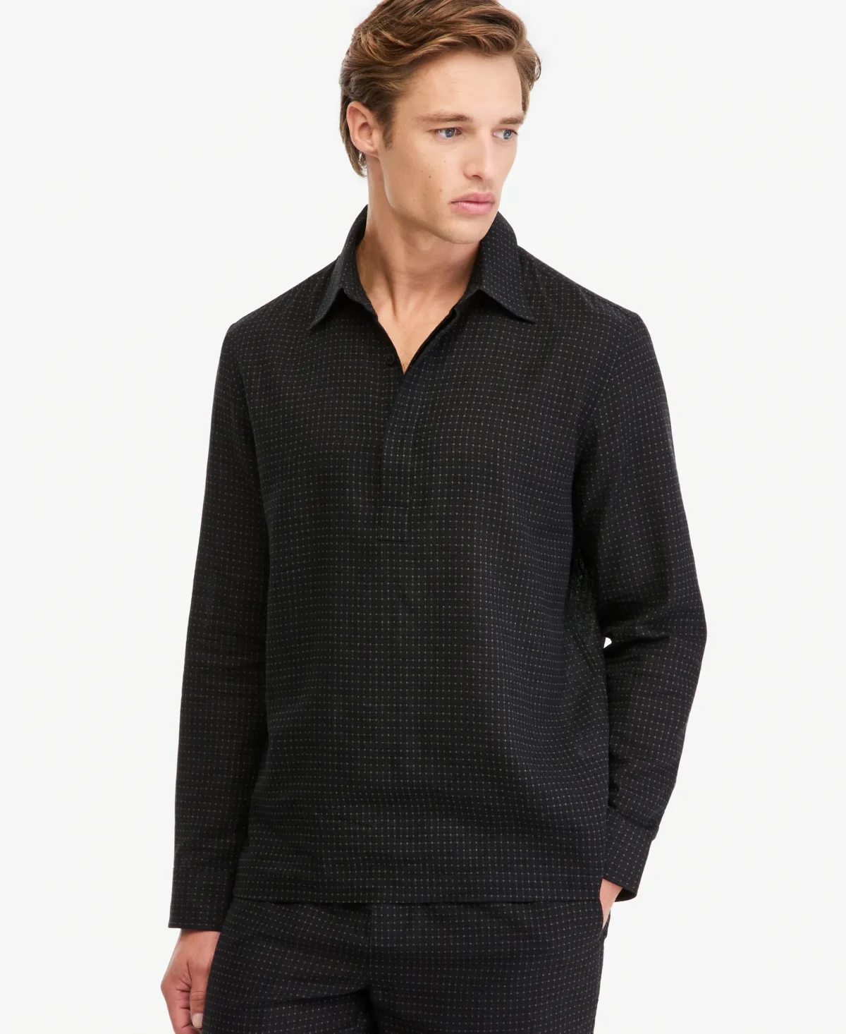 Square Texture Popover Long-Sleeve Point-Collar Linen-Blend Shirt by Alfani