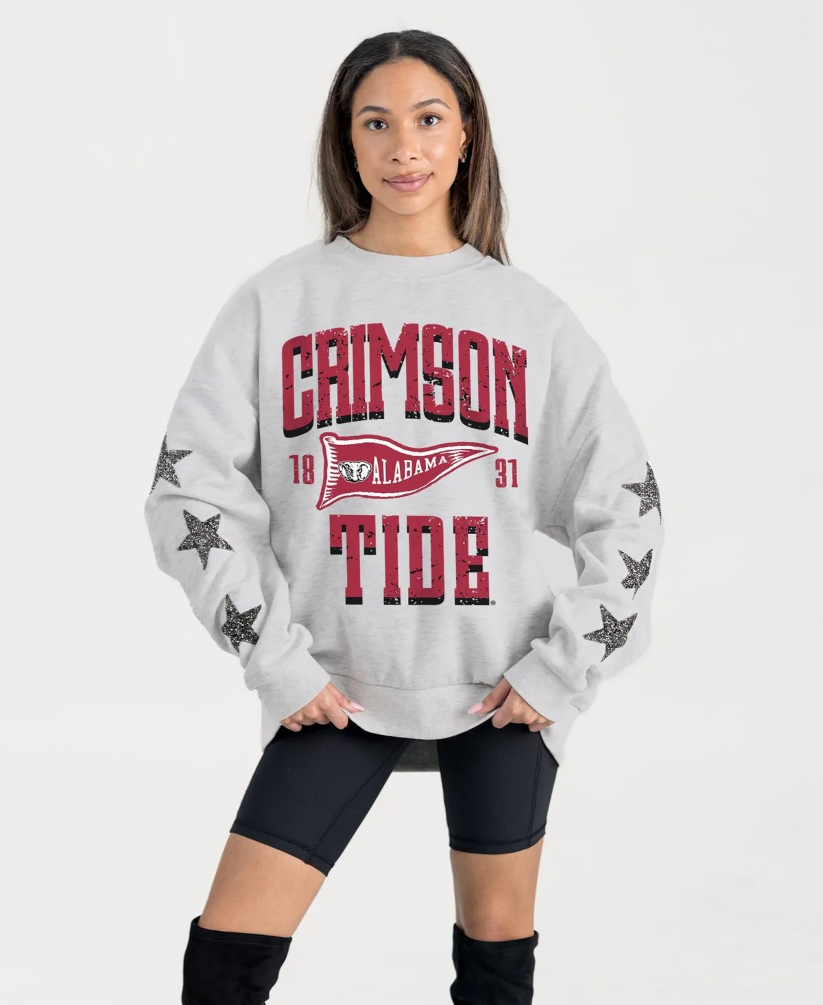 Alabama Crimson Tide Oversized Pennant Pride Rhinestone Star Sleeve Sweatshirt
