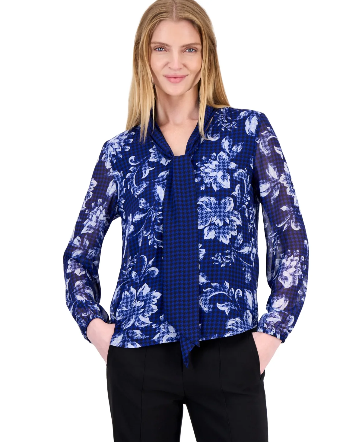 Floral Tie-Neck Long-Sleeve Blouse