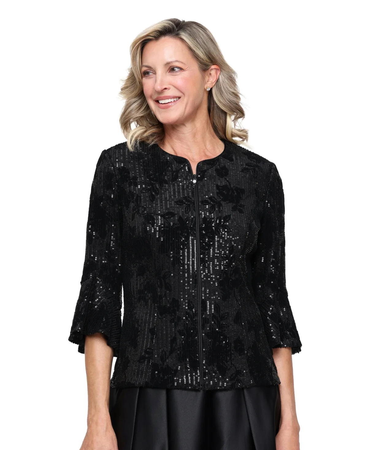 Flocked Sequin 3/4-Sleeve Bell-Sleeve Jacket by Alex Evenings