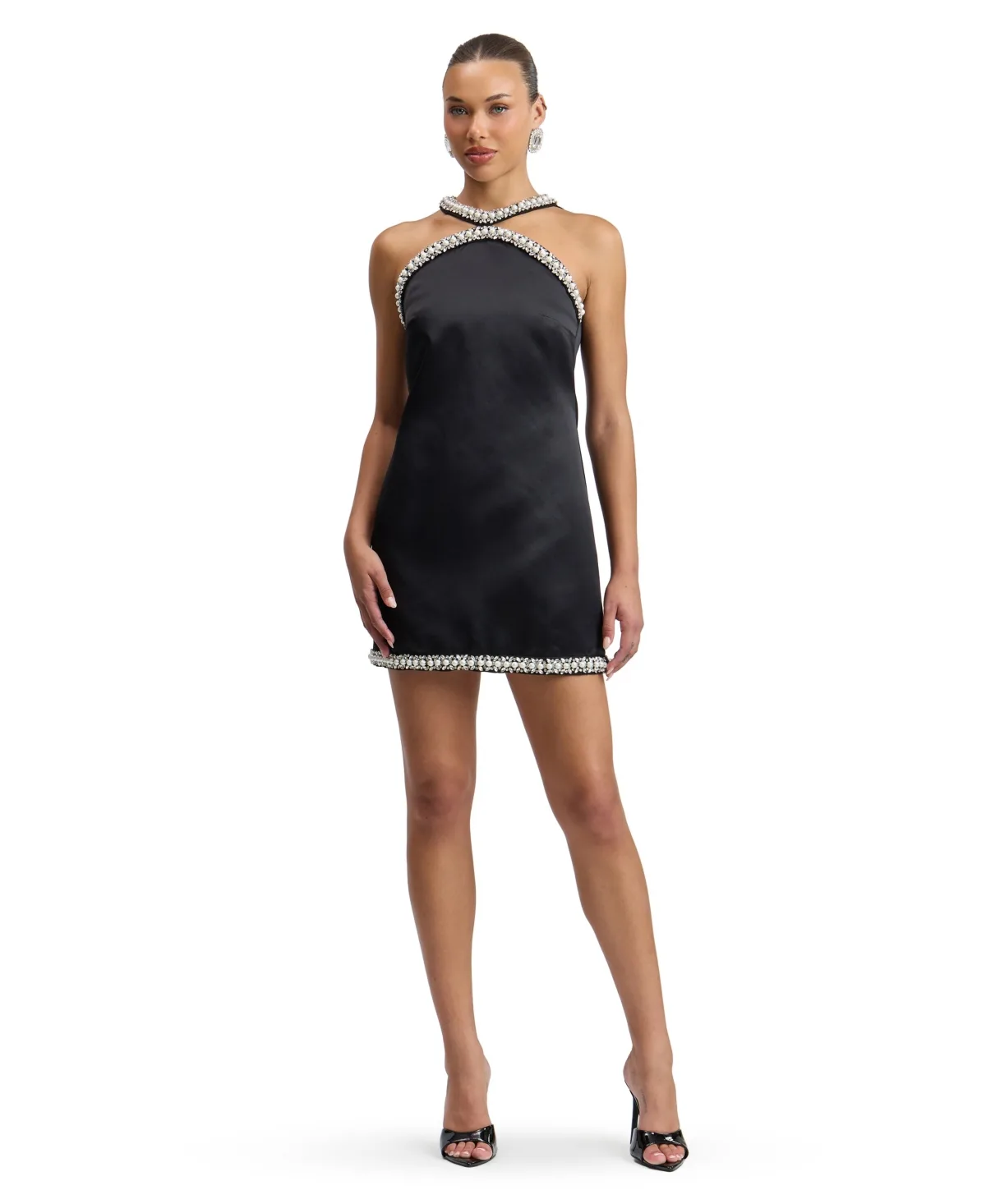 Satin Embellished Halter Mini Dress