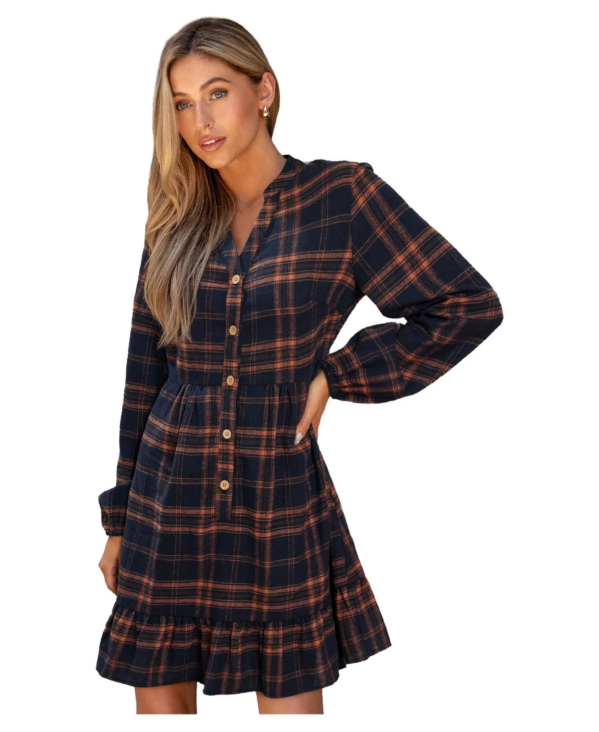 First Edition Long-Sleeve Plaid V-Neck Mini Dress
