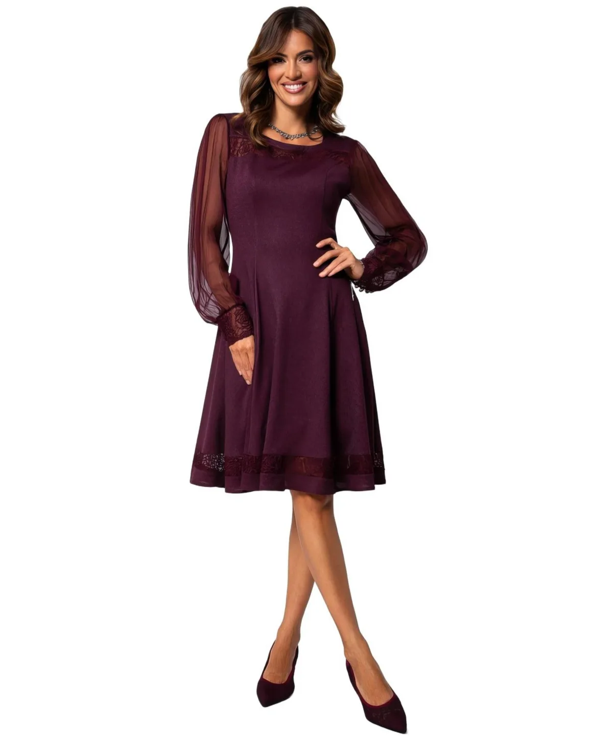 Jody A-Line Lace-Trimmed Long-Sheer-Sleeve Dress