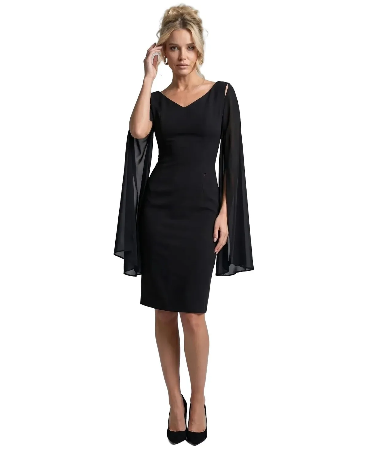 Rebeka V-Neck Removable Cape Sleeves Sheath Dress by Luna Fashion House