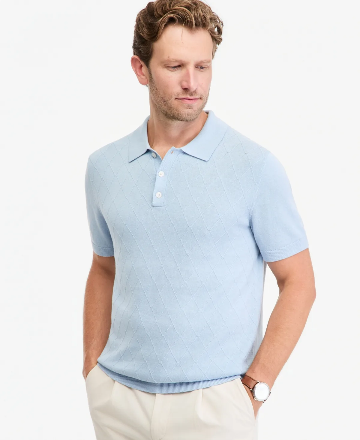 Diamond Sweater Polo Linen-Blend Classic-Fit Short-Sleeve Polo Shirt by Club Room
