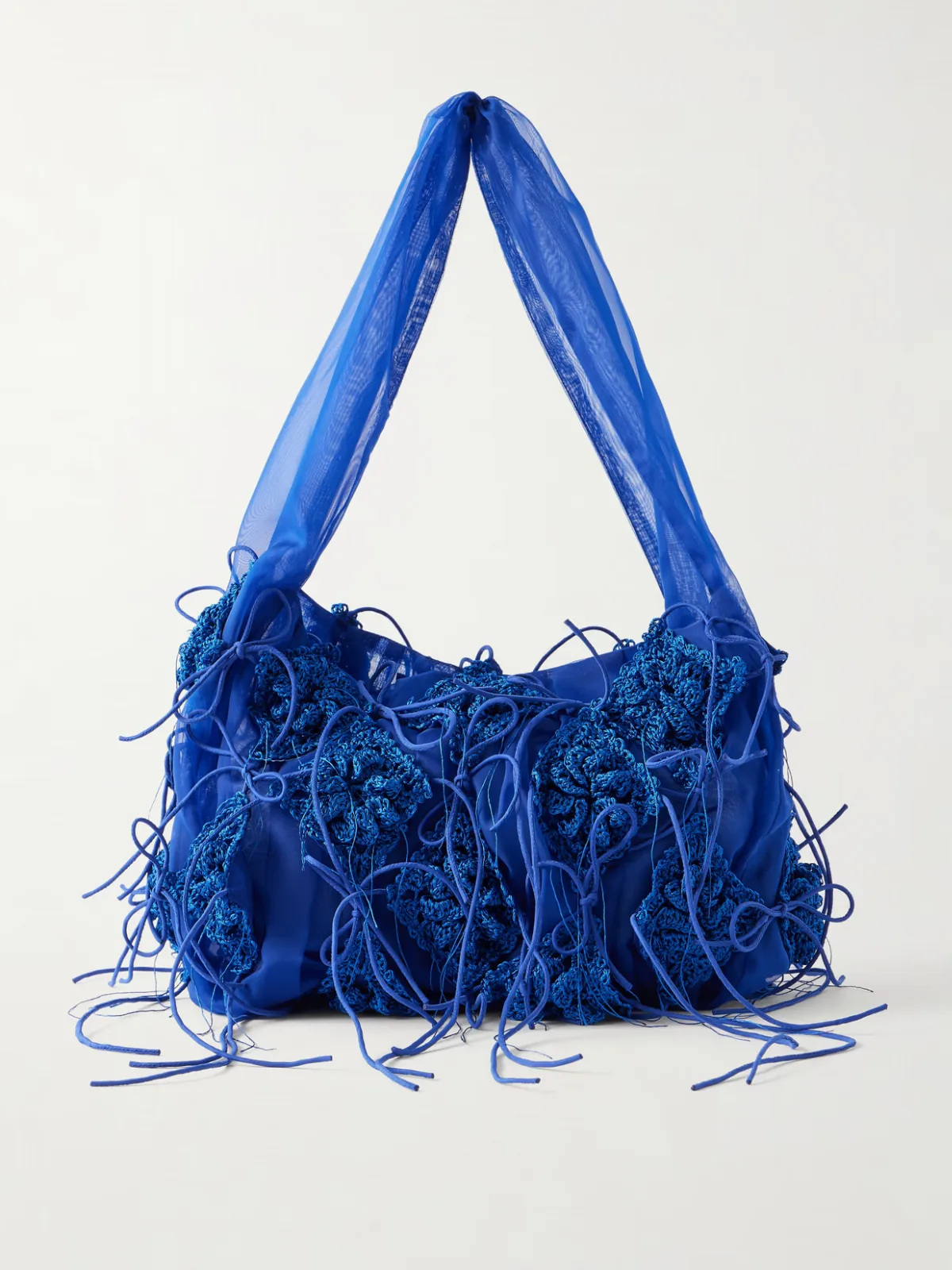 - Fringed Crochet And Lace-trimmed Organza Shoulder Bag -