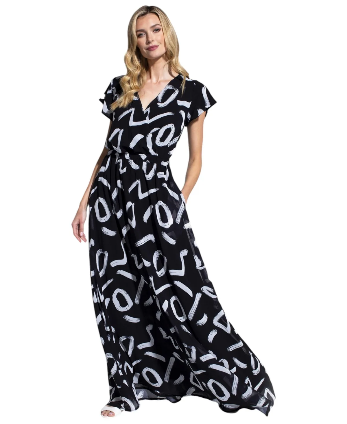 Abstract Print Chiffon Faux Wrap Maxi Dress