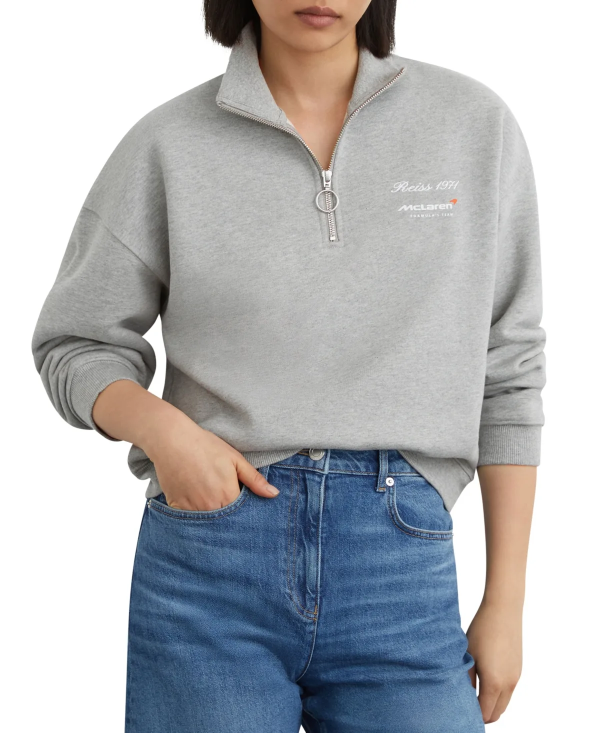 Sakura Cotton Mock Neck Long-Sleeve Half Zip Sweatshirt by Reiss