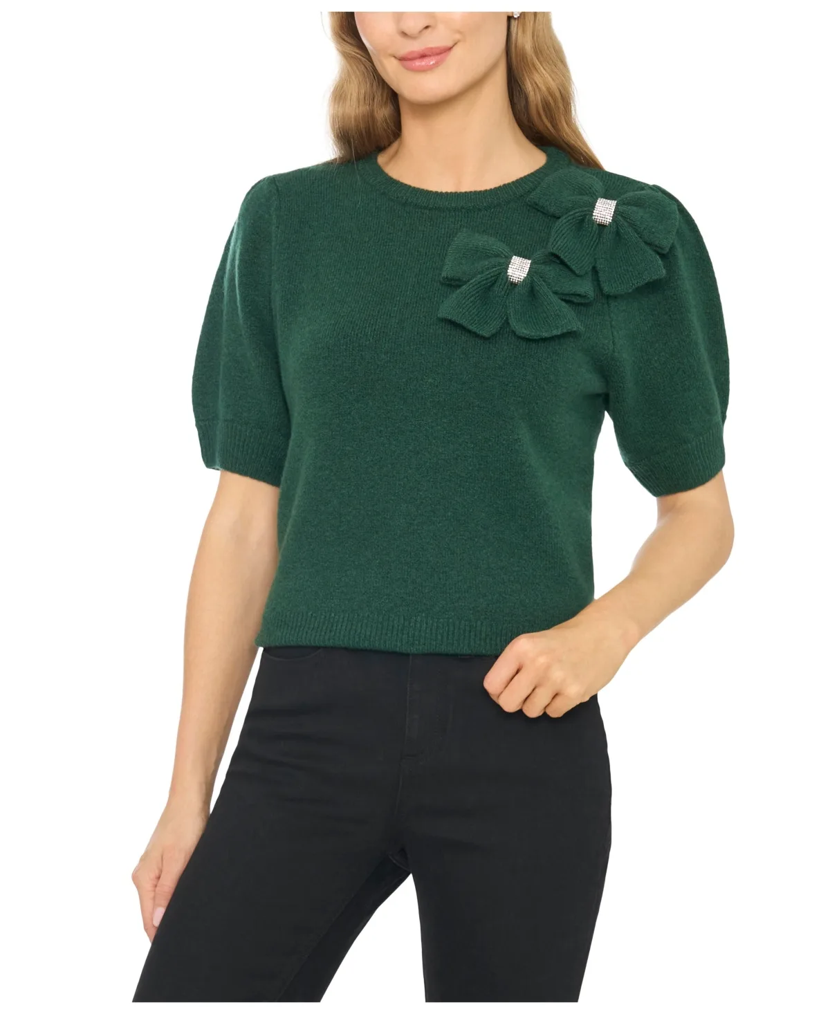 Embellished Bow Applique Crewneck Short-Sleeve Sweater