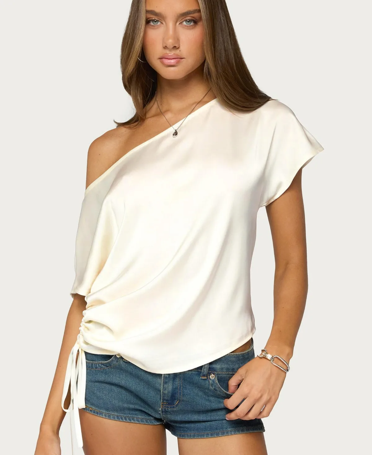 Jori Satin Off-Shoulder Ruched Blouse by Edikted