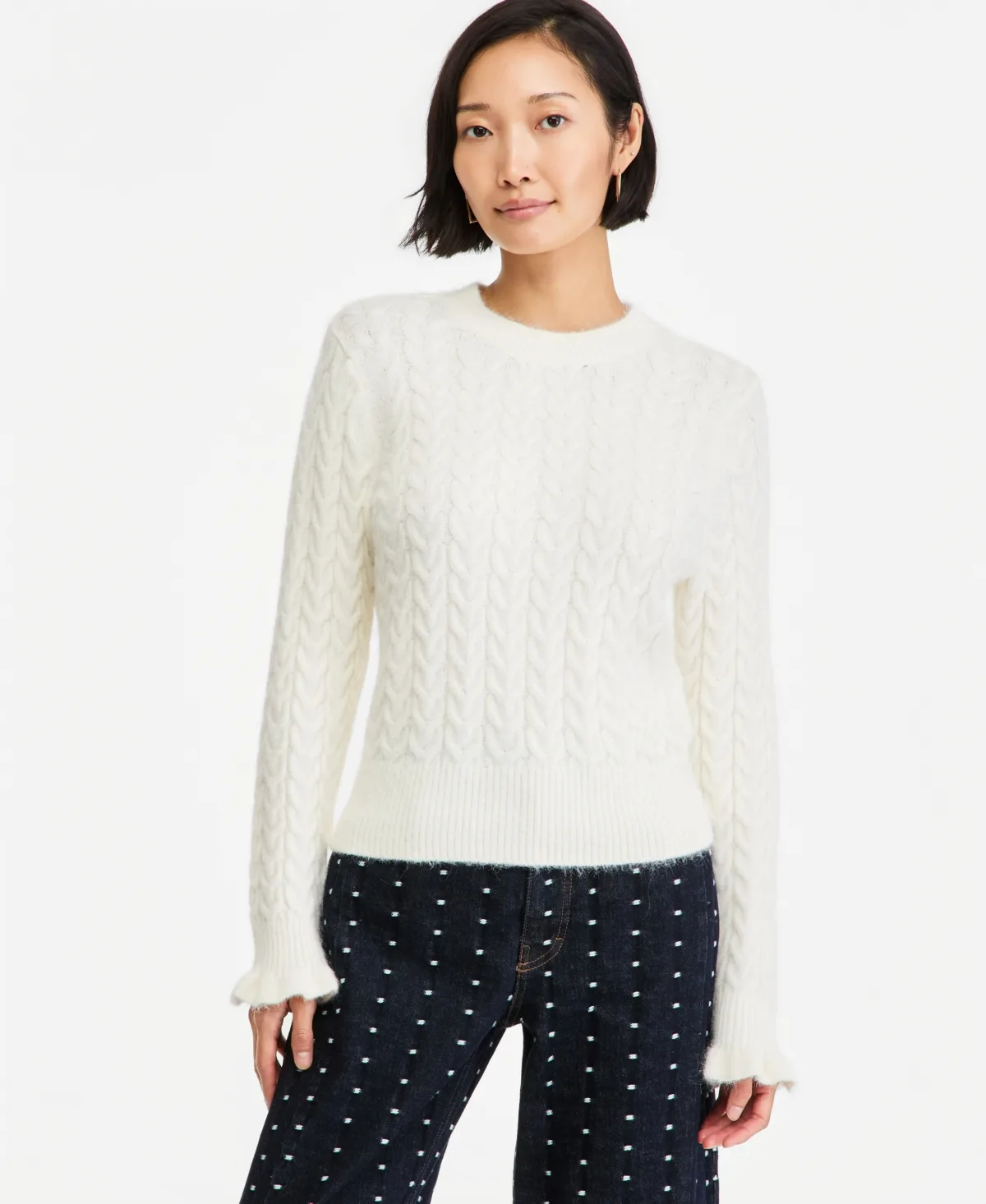 Cable-Knit Crewneck Ruffle Trim Sweater by On 34th