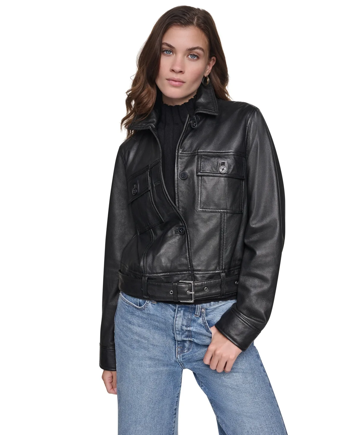 Jeans Collared Cropped Leather Jacket by DKNY