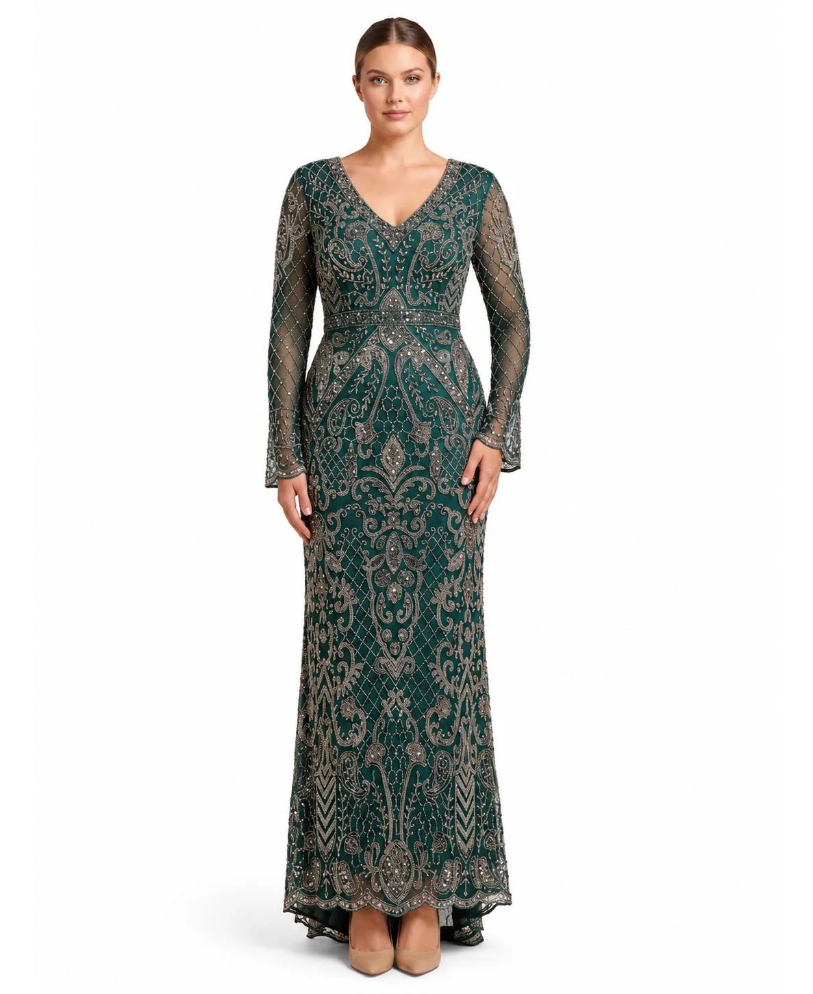 Embellished V-Neck Bell Sleeve Dress Gown