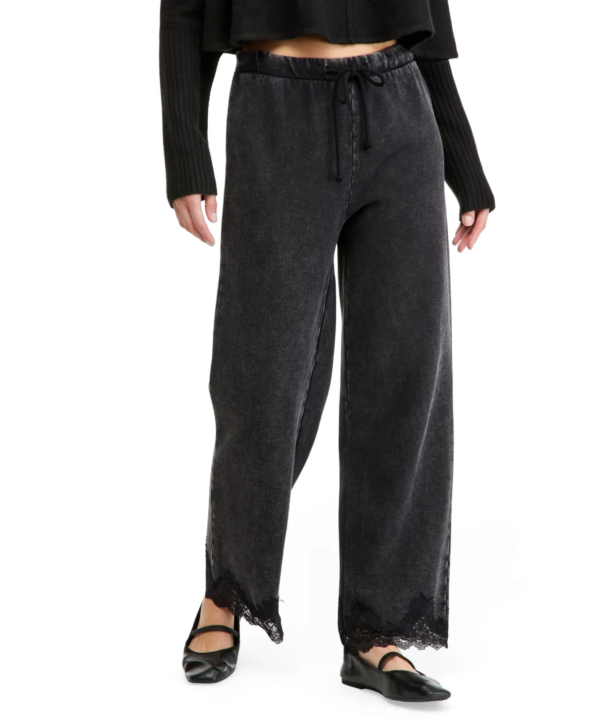 Lace-Trim Wide-Leg Fleece Lounge Pants