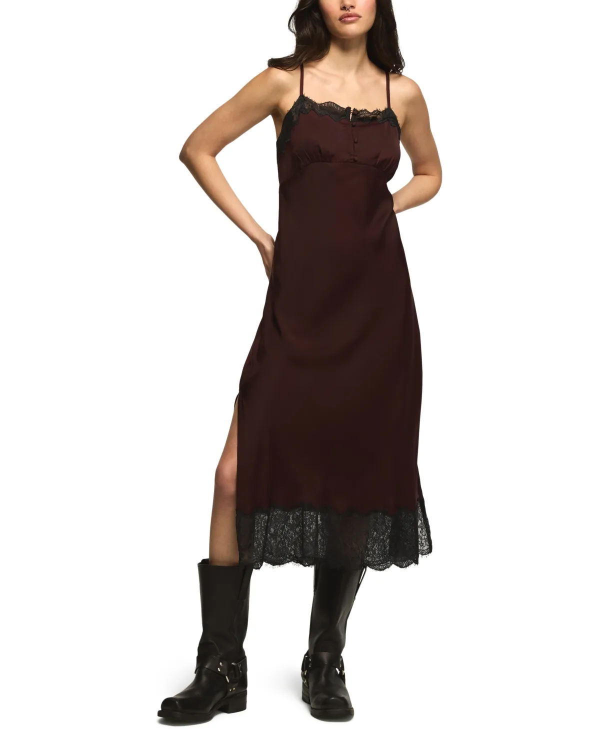 Satin V-Neck Lace-Trim Slip Midi Dress by Lucky Brand