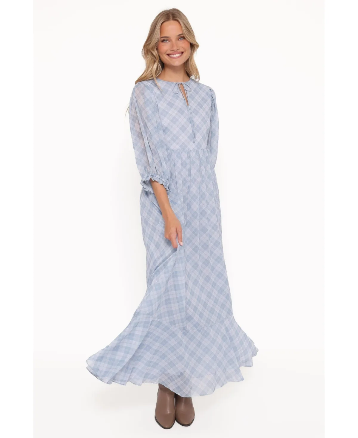 Cassina Plaid 3/4-Sleeve Maxi Dress by Petal and Pup