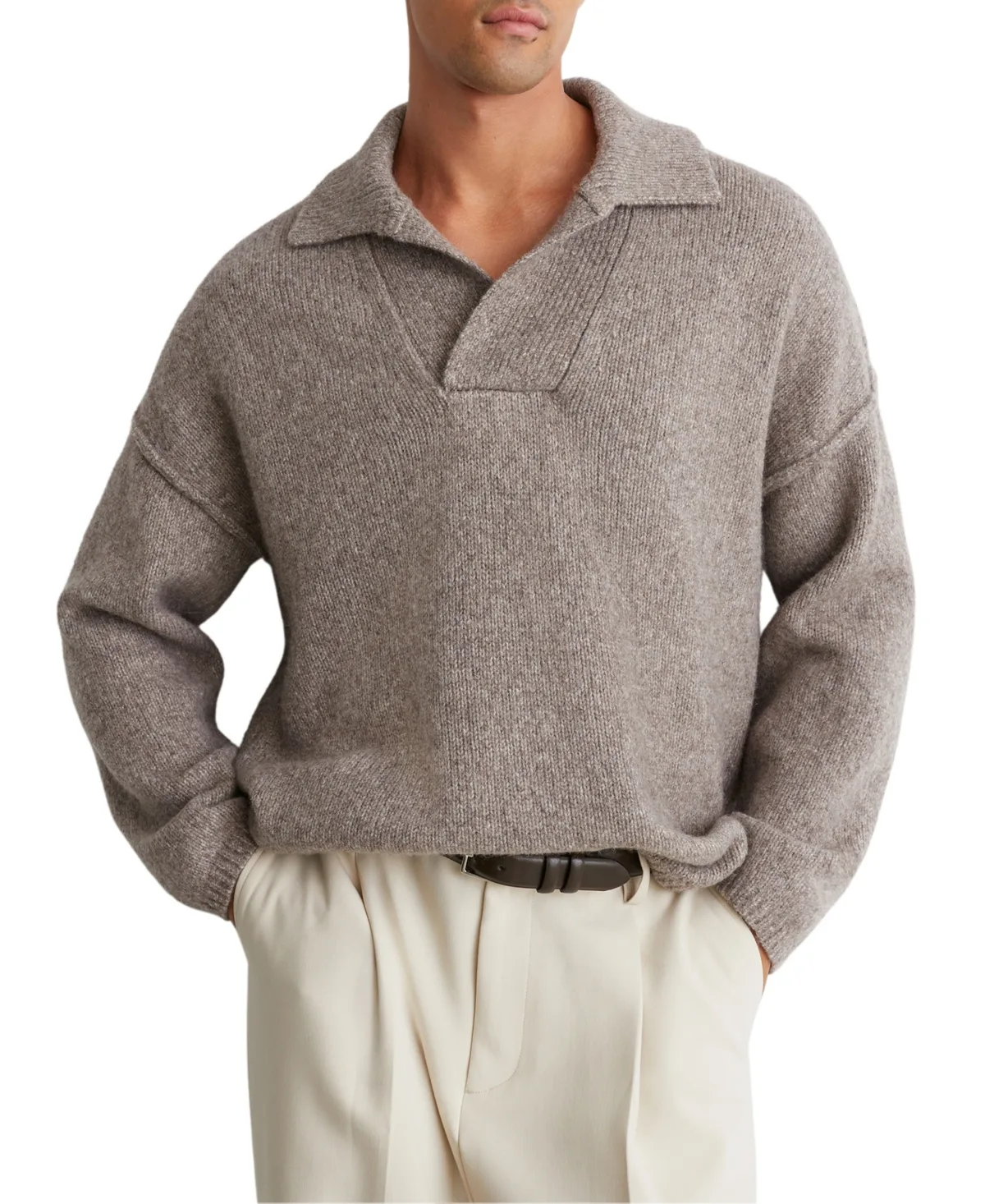 Vatali Open-Collar Wool-Blend Melange-Knit Pullover Sweater by Reiss