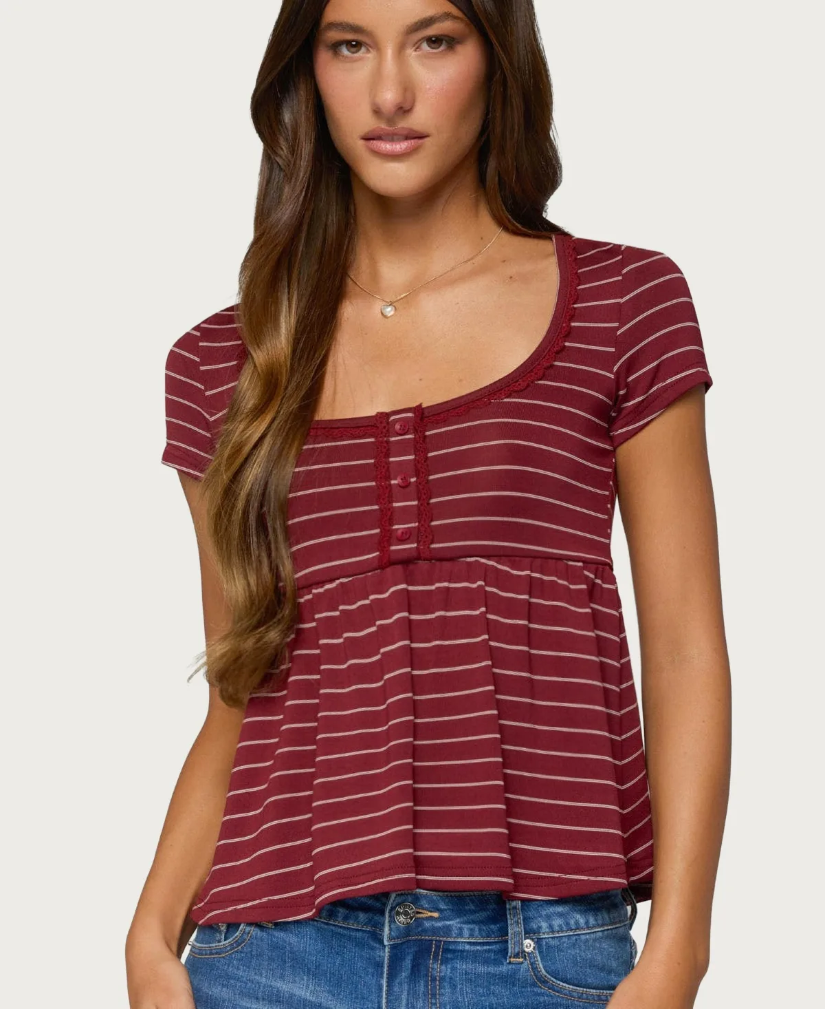 Jina Lacey Striped Babydoll Henley Top by Edikted