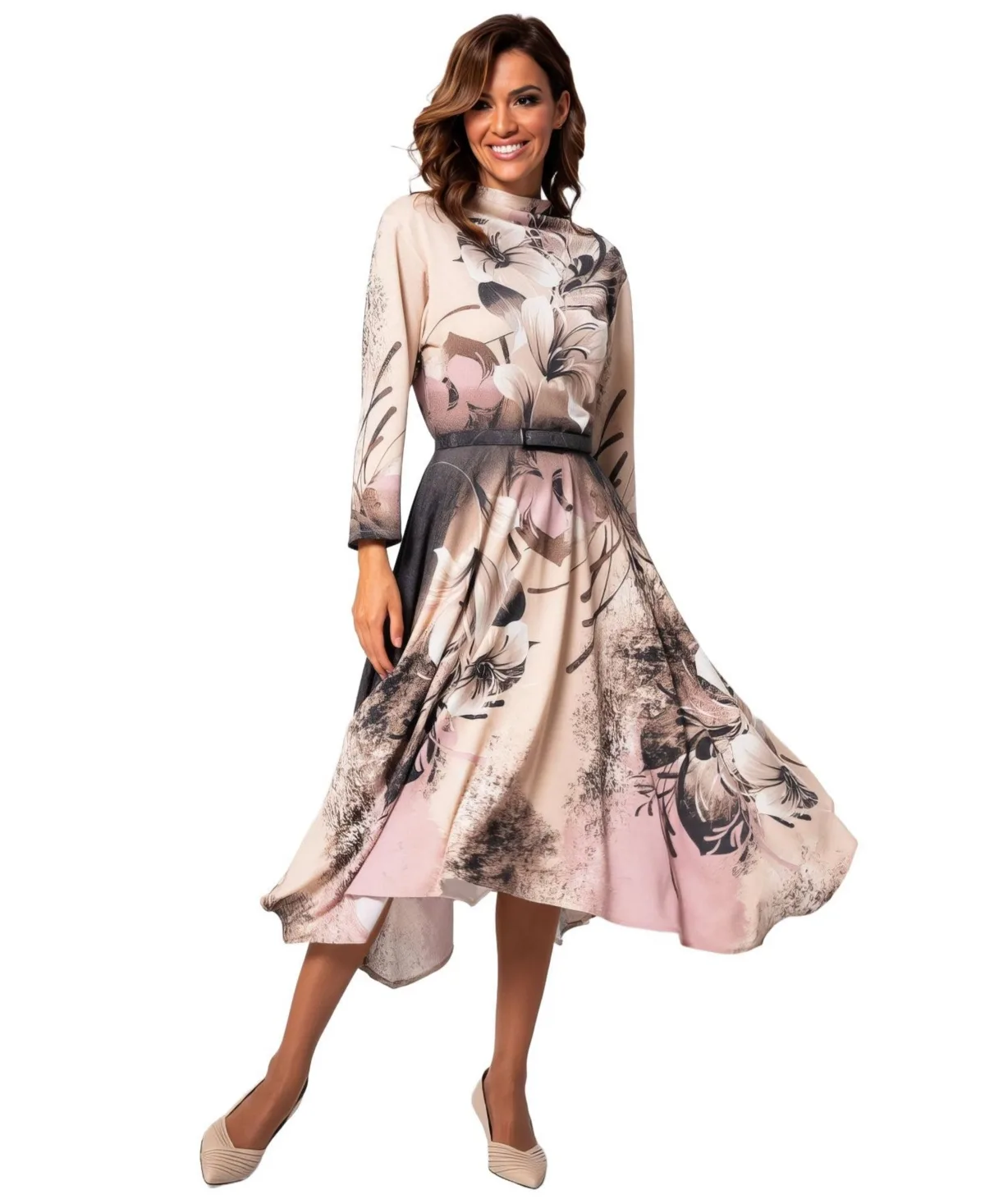 Iris Floral-Print Long-Sleeve A-Line Midi Dress by Luna Fashion House