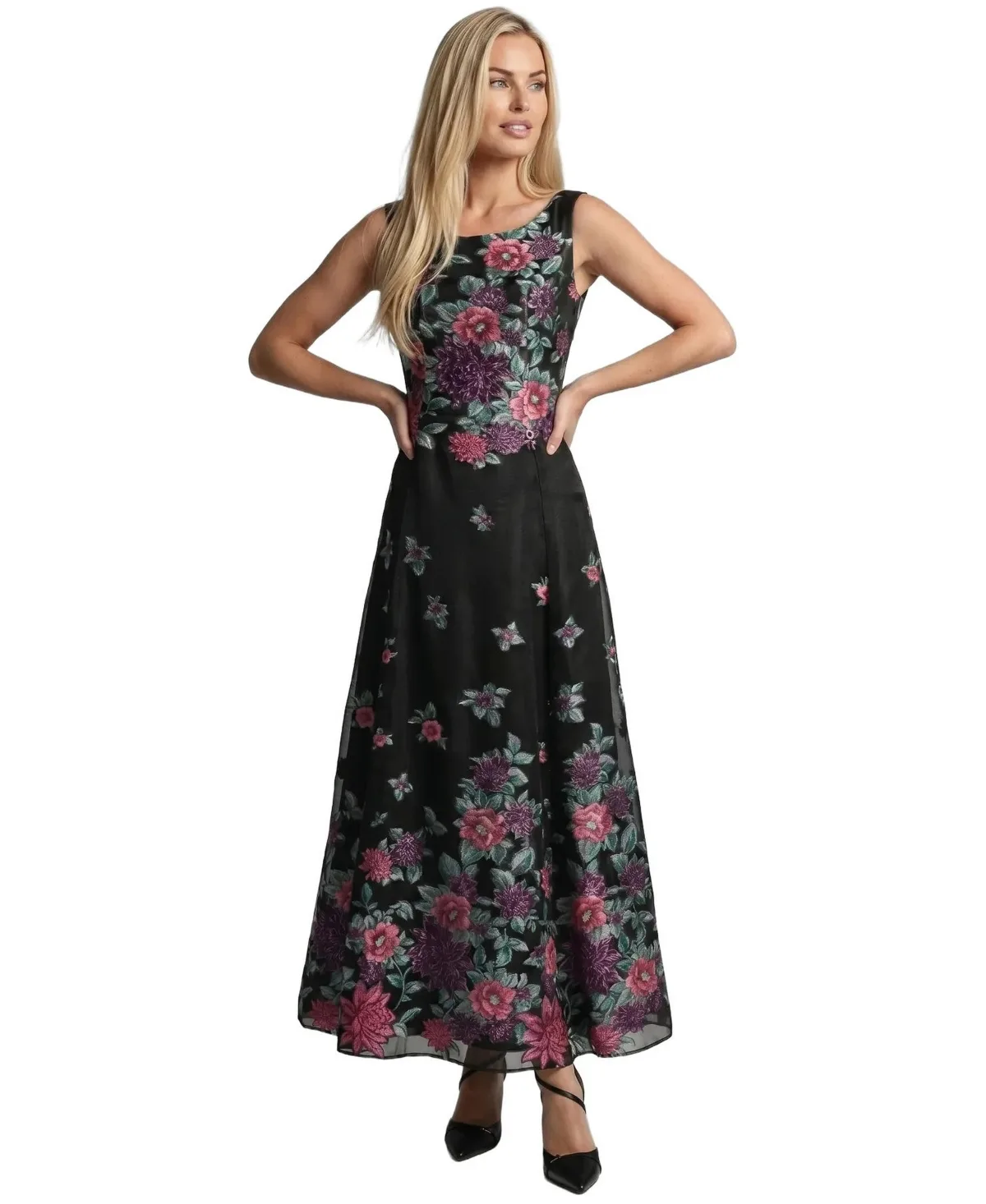 Rina Sleeveless Maxi Floral-Embroidered Dress