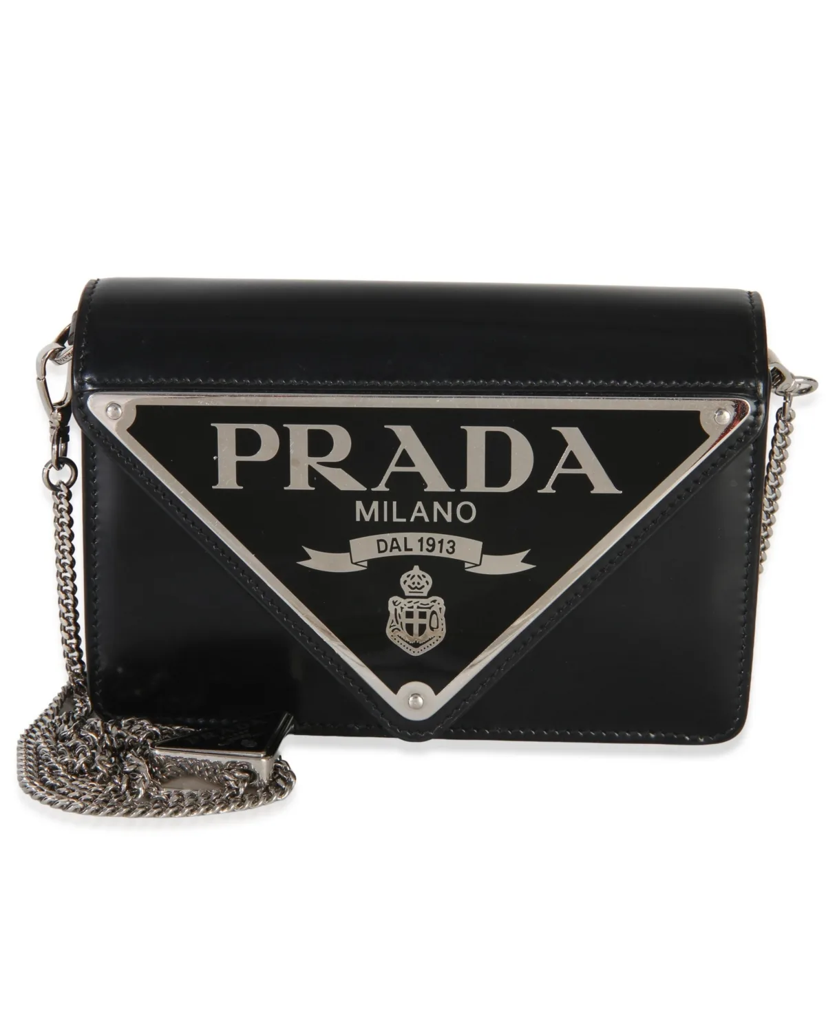 Pre-Owned Prada Spazzolato Triangle Logo Plate Flap Chain Crossbody Bag by Prada
