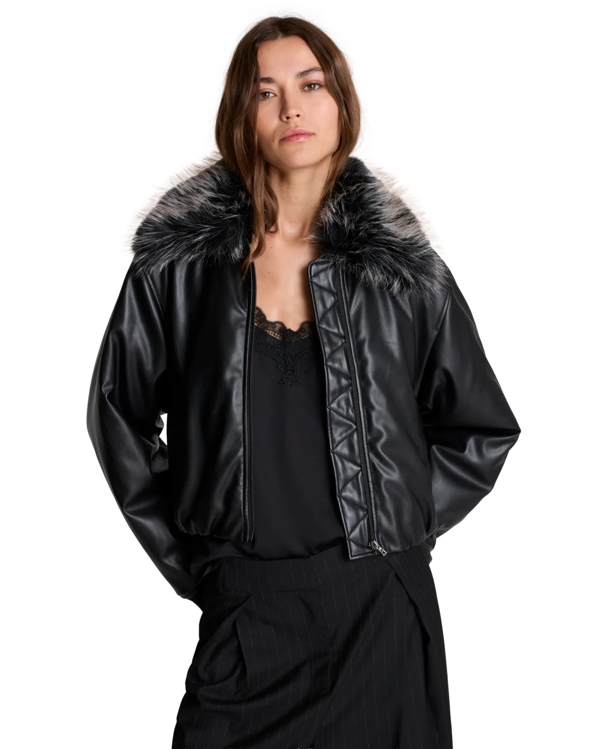 Removable Faux-Fur Collar Puffer Faux Leather Jacket by Kenneth Cole