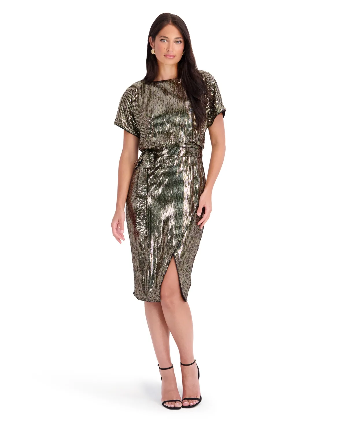 Sequin Mesh Boat Neck Short-Sleeve Wrap Midi Dress by Kensie
