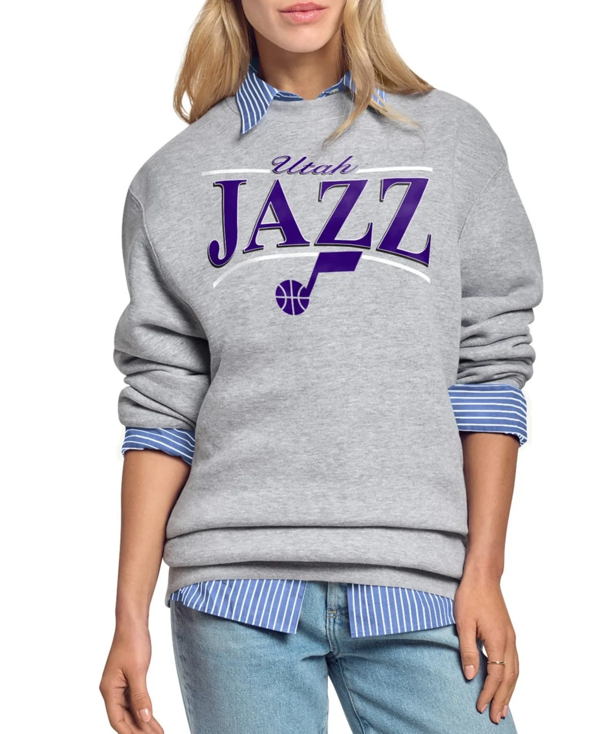 Utah Jazz Arch Stripe Fleece Crewneck Sweatshirt by Starter