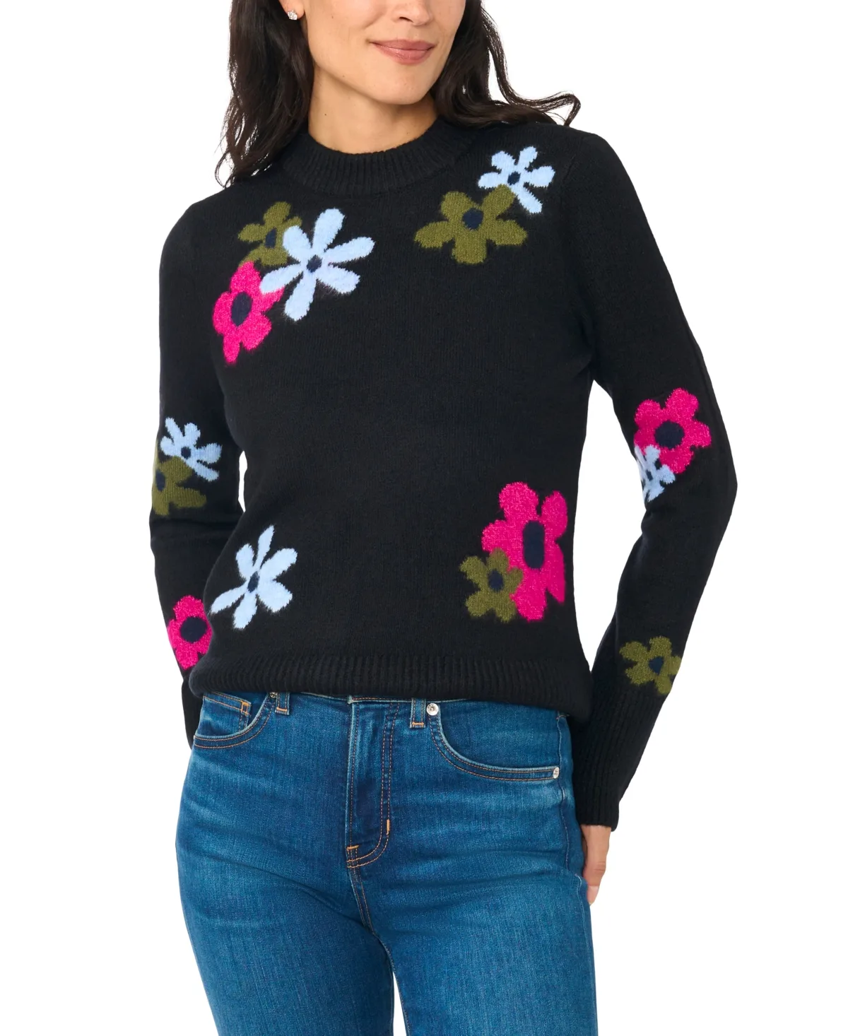 Crewneck Flower Patterned Knit Long-Sleeve Sweater