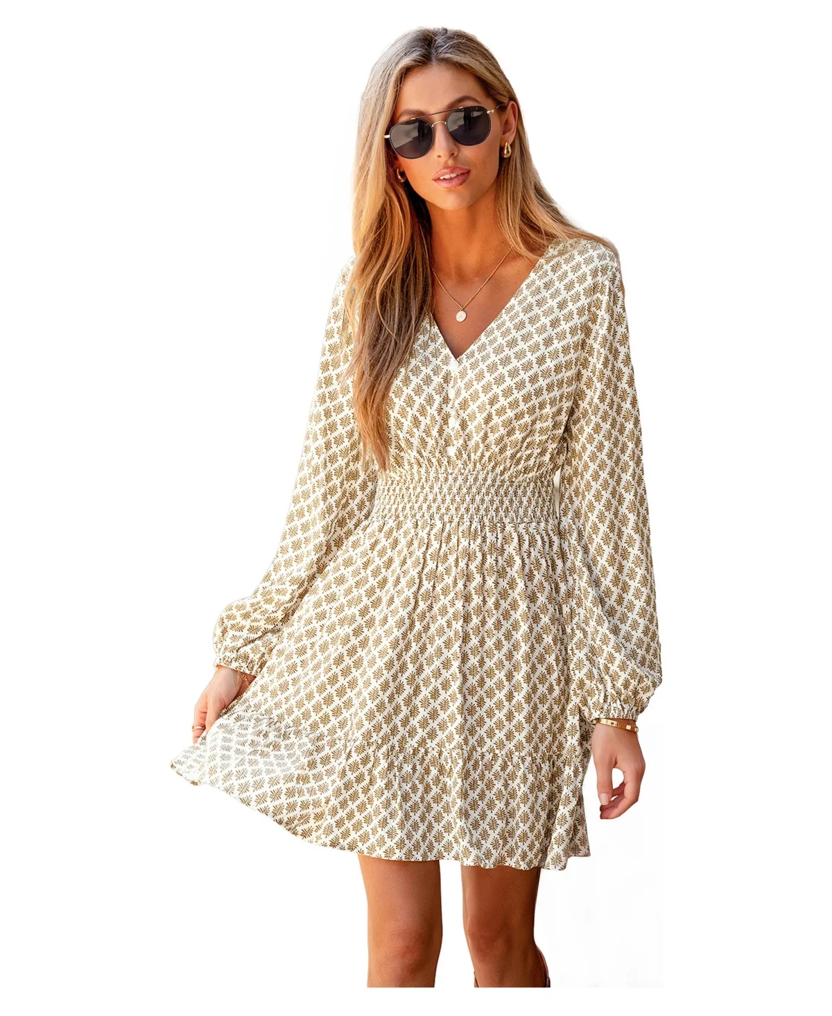Darling V-Neck Long-Sleeve A-Line Mini Dress by Cupshe
