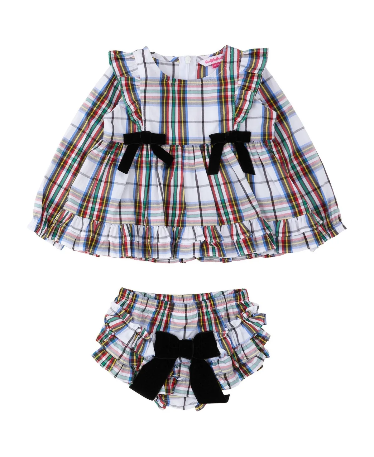Nicholas Plaid Long Sleeve Waterfall Bow Swing Top and Bloomers, 2-Piece Set by Rufflebutts