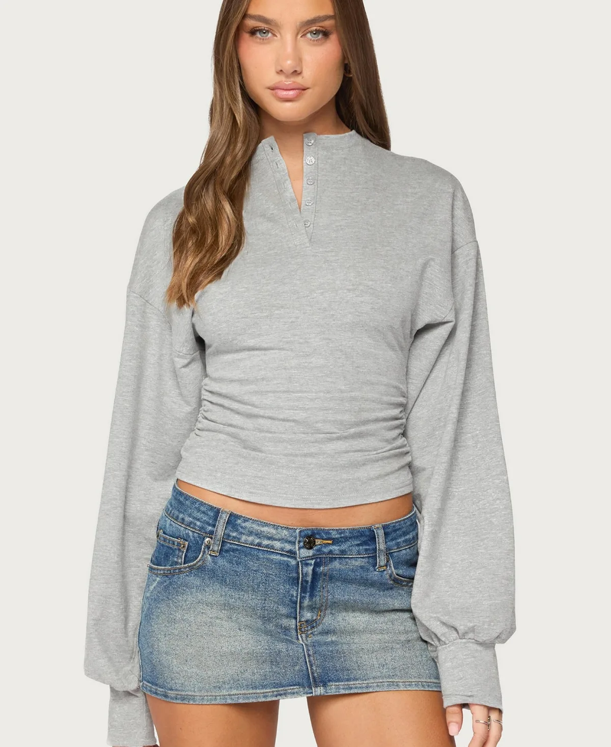 Diya V-Neck Puff-Sleeve Henley Top by Edikted