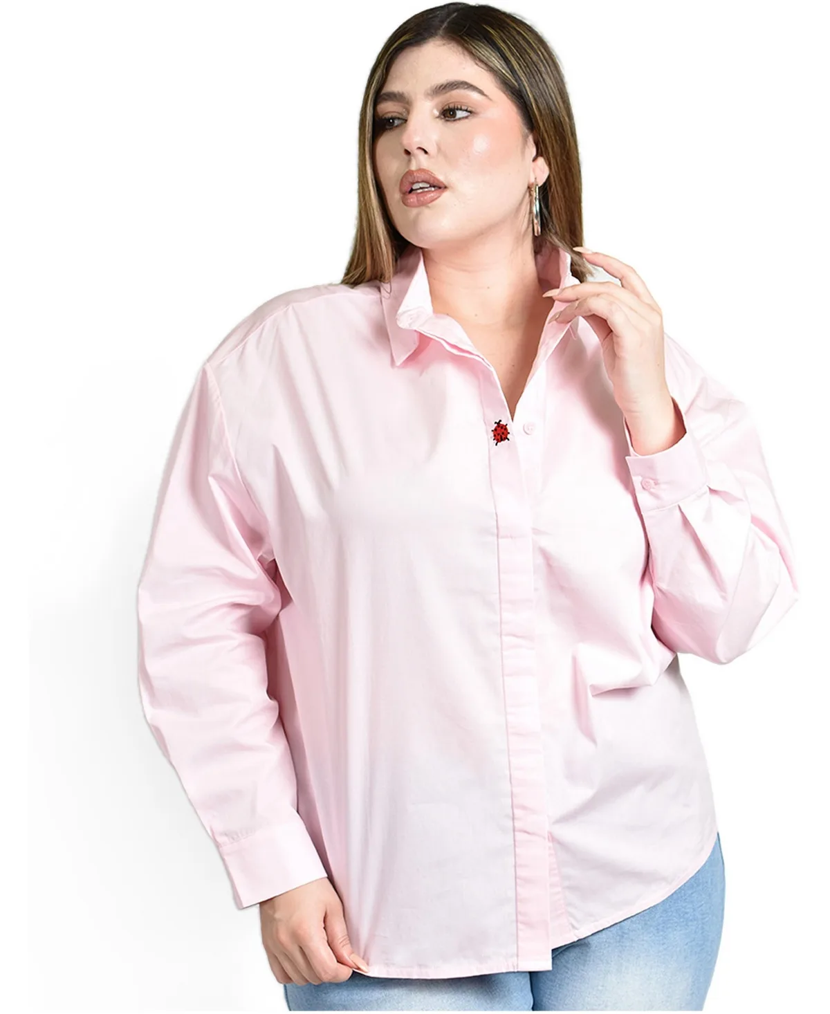 Long-Sleeve Collared Ladybug-Embroidered Shirt by Roman Fashion